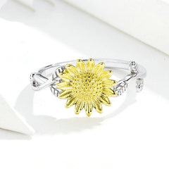 Bague Tournesol en argent 925 plaqué or blanc ajustable avec pétales plaqués or jaune - Photo 4