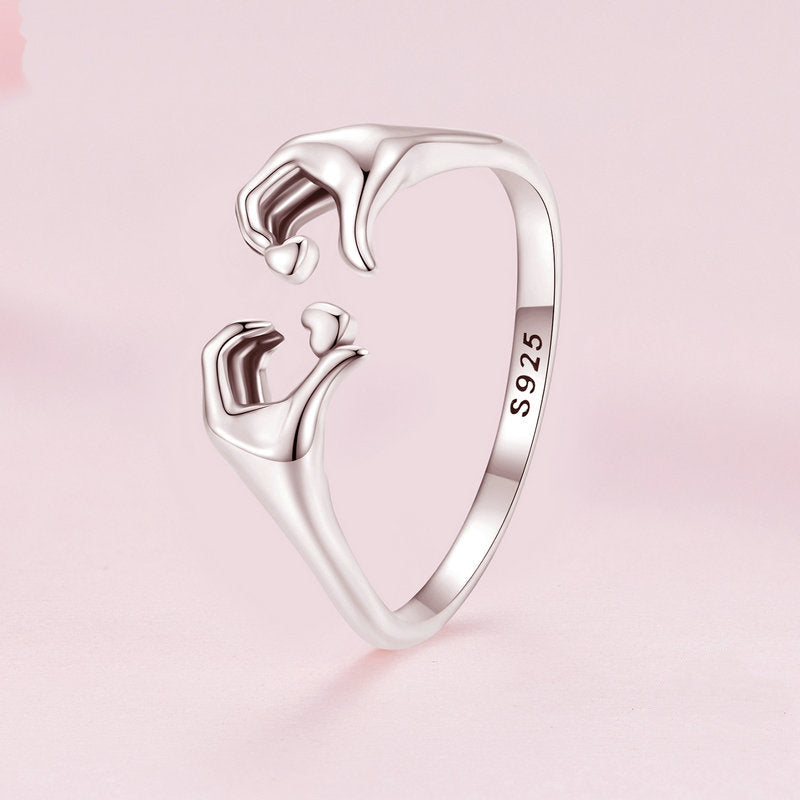 Bague Câlin avec Cœurs en argent 925 plaqué or blanc ajustable avec détail des mains - Photo 3