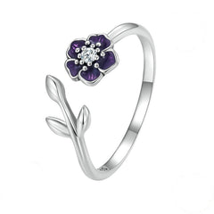Bague Fleur Violette en argent 925 plaqué or blanc ajustable émaillées violet avec zircon blanc