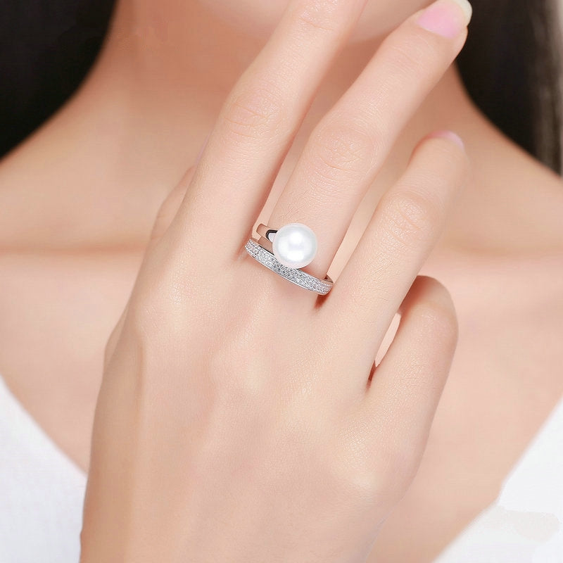 Bague Perle Brillante en argent 925 plaqué or blanc ajustable avec zircons blancs - Photo 2