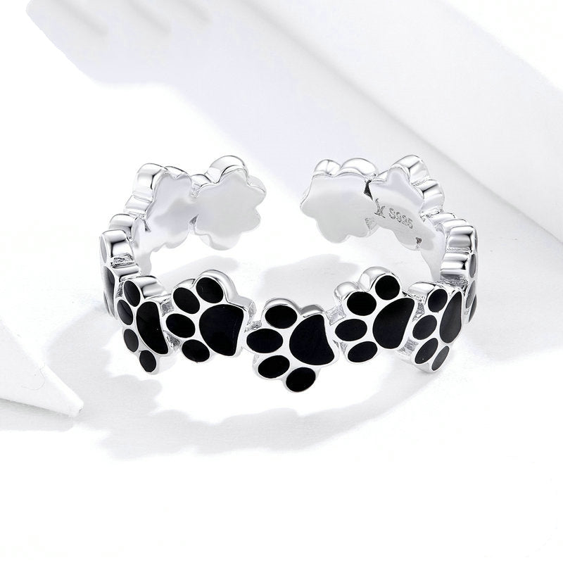 Bague Pattes en argent 925 plaqué or blanc émaillé noir ajustable - Photo 4