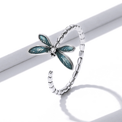Bague Libellule en argent 925 plaqué or blanc émaillé vert ajustable - Photo 3