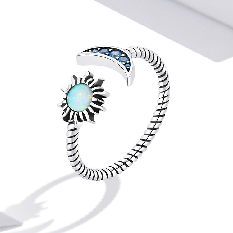 Bague Soleil et Lune en argent 925 plaqué or blanc ajustable avec opale et zircons bleus - Photo 3