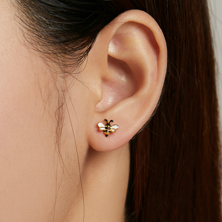 Boucles d’Oreilles Abeilles Puces en Argent Sterling 925 plaqué or jaune avec des détails émaillés - Photo 2