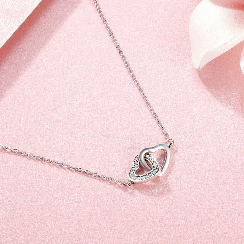 Collier Deux Coeurs en argent 925 plaqué or blanc ajustable avec zircons blancs - Photo 4