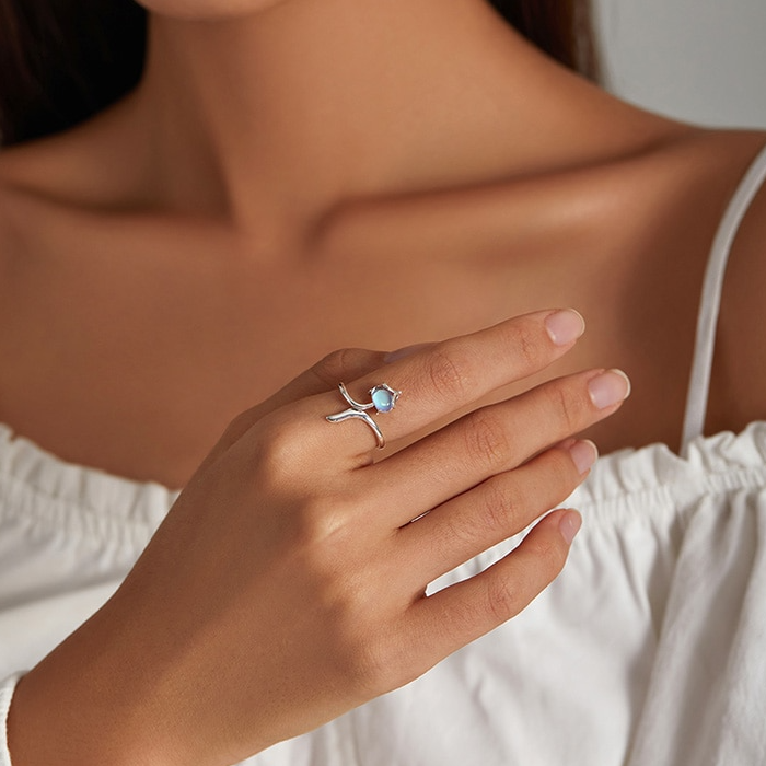 Bague Renard en argent 925 plaqué or blanc ajustable avec pierre de lune - Photo 6