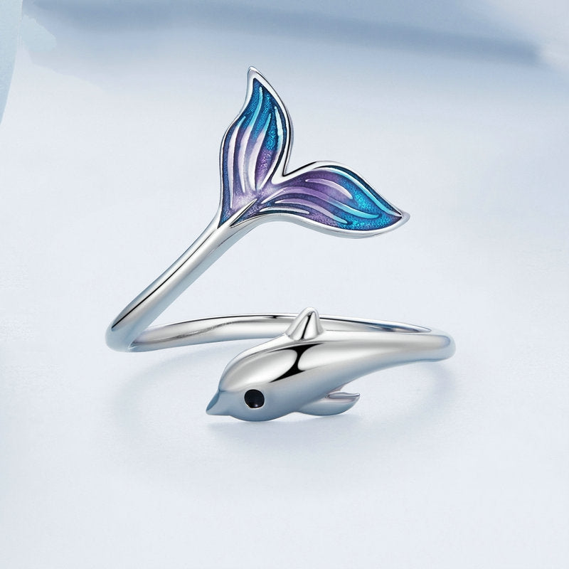 Bague Dauphin en argent 925 plaqué or blanc ajustable émaillé à la main - Photo 3