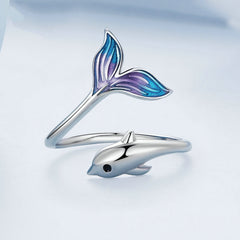 Bague Dauphin en argent 925 plaqué or blanc ajustable émaillé à la main - Photo 3