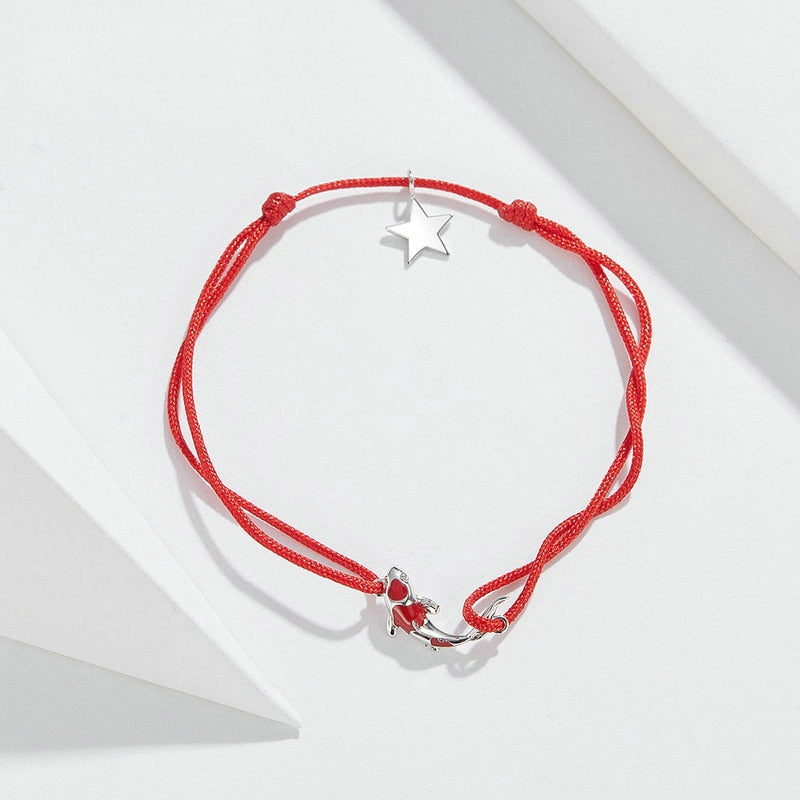 Bracelet Carpe Koï style marin en corde rouge ajustable avec carpe Koï et étoile en argent 925 émaillé rouge - Photo 3
