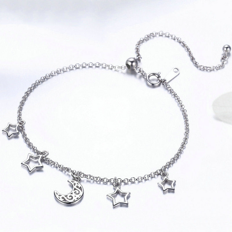 Bracelet Lune et Étoiles en argent 925 plaqué or blanc ajustable - Photo 4