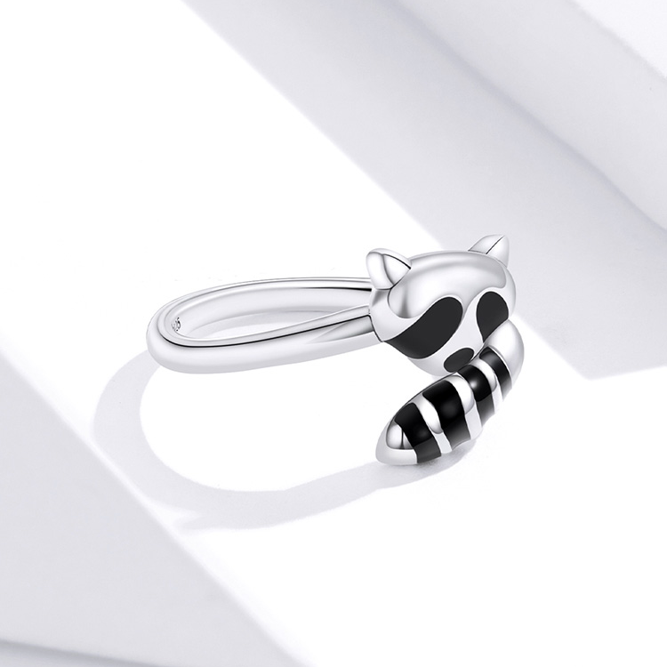 Bague Raton Laveur en argent 925 plaqué or blanc émaillé noir ajustable - Photo 5
