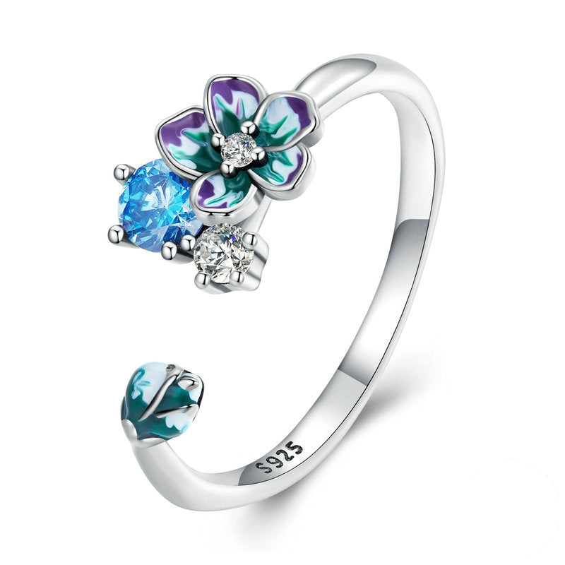 Bague Fleurs en argent 925 plaqué or blanc ajustable émaillé à la main avec zircons colorés