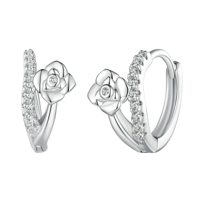 Boucles d’Oreilles Créoles Roses en argent 925 plaqué or blanc avec zircons blancs