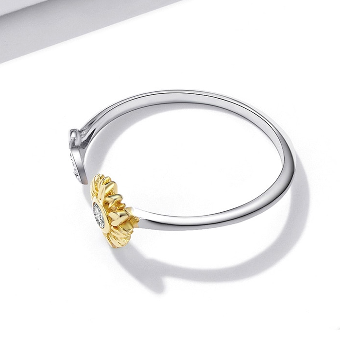 Bague Tournesol en argent 925 plaqué or blanc ajustable avec pétales plaqués or jaune et zircon blanc - Photo 5