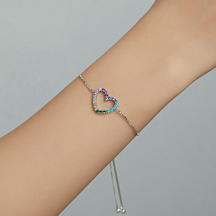 Bracelet Coeur Arc-en-Ciel en argent 925 plaqué or blanc ajustable avec zircons colorés - Photo 2