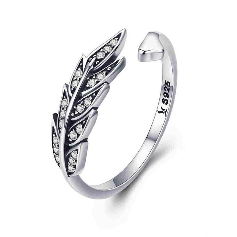 Bague Plume Brillante en argent 925 plaqué or blanc ajustable avec zircons blancs