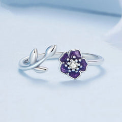 Bague Fleur Violette en argent 925 plaqué or blanc ajustable émaillées violet avec zircon blanc - Photo 3