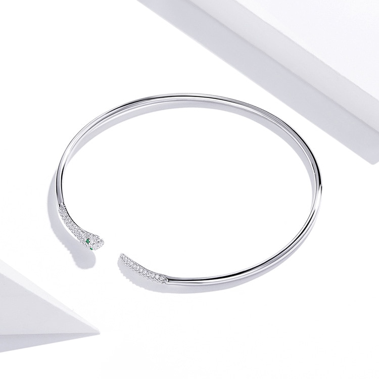 Bracelet Serpent en argent 925 plaqué or blanc jonc rigide avec zircons blancs et verts - Photo 4