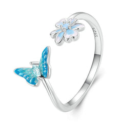 Bague Papillon avec Fleur en argent 925 plaqué or blanc ajustable émaillée à la main avec zircon bleu et opale