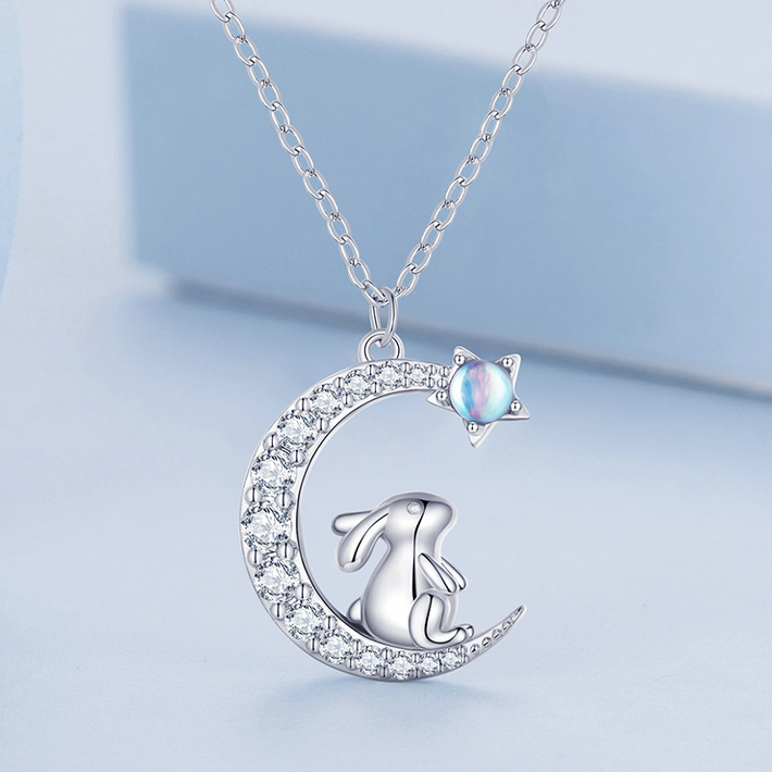 Collier Lune avec Lapin et Étoile Argent Sterling 925 plaqué or blanc avec pavé de zircons blancs et pierre de lune - Photo 3