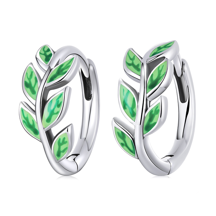 Boucles d’Oreilles Créoles Feuilles en argent 925 plaqué or blanc émaillées vertes