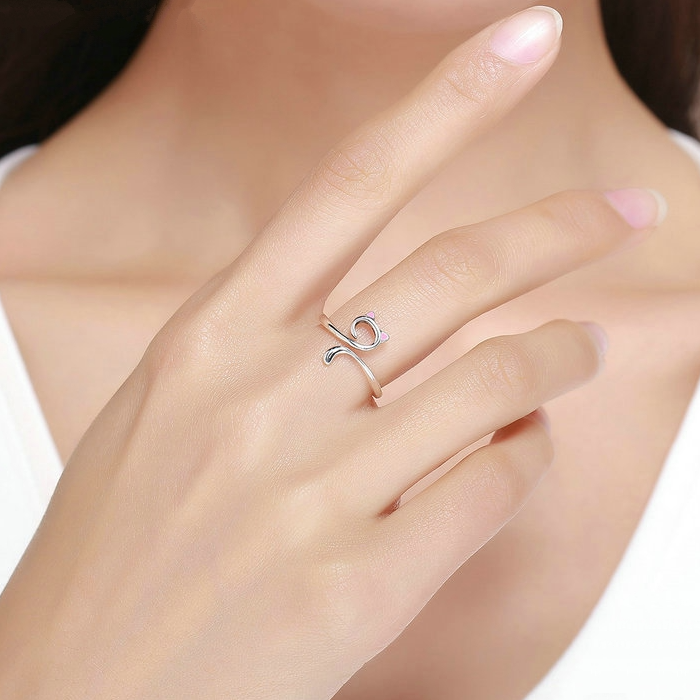Bague Chat en argent 925 plaqué or blanc ajustable avec oreilles émaillées roses - Photo 2