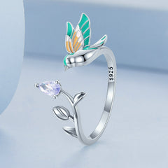 Bague Petit Oiseau en argent 925 plaqué or blanc ajustable émaillé à la main - Photo 3