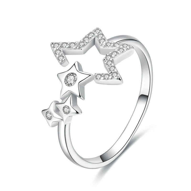 Bague Étoiles en argent 925 plaqué or blanc ajustable avec zircons blancs