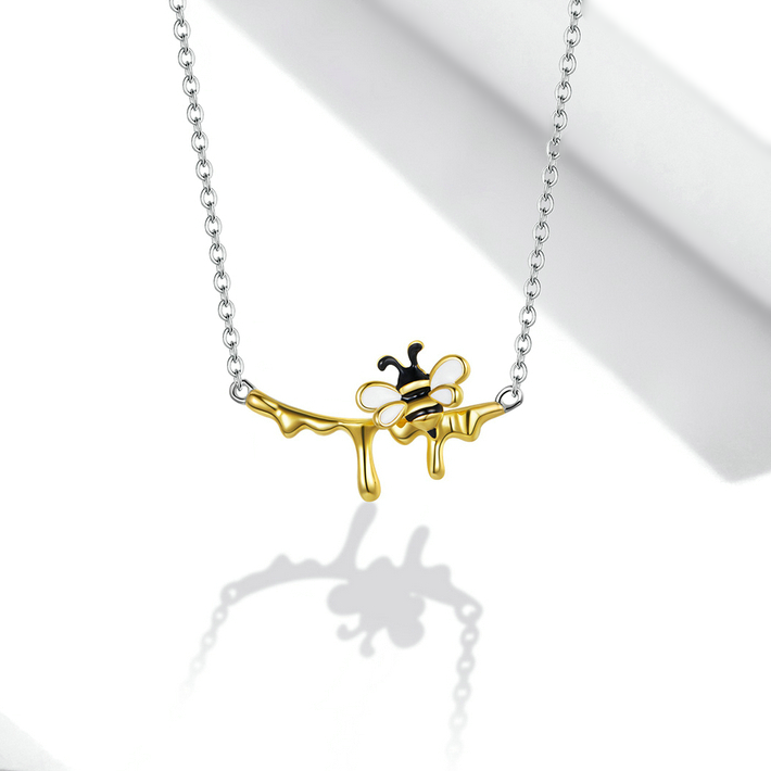 Collier Abeille avec Miel Argent Sterling 925 plaqué or blanc et jaune avec détails émaillés - Photo 3