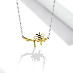 Collier Abeille avec Miel Argent Sterling 925 plaqué or blanc et jaune avec détails émaillés - Photo 3