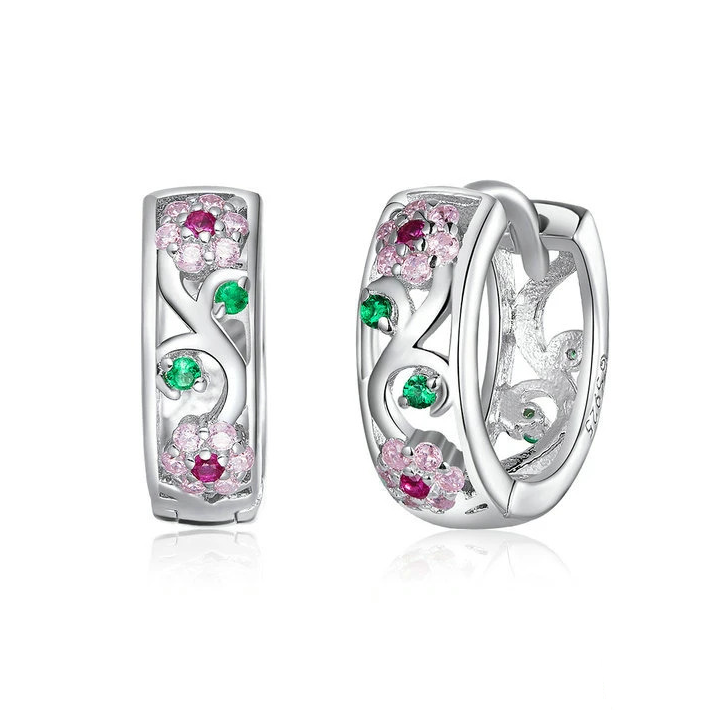 Boucles d’Oreilles Créoles Fleurs Brillantes Argent Sterling 925 plaqué or blanc avec zircons colorés