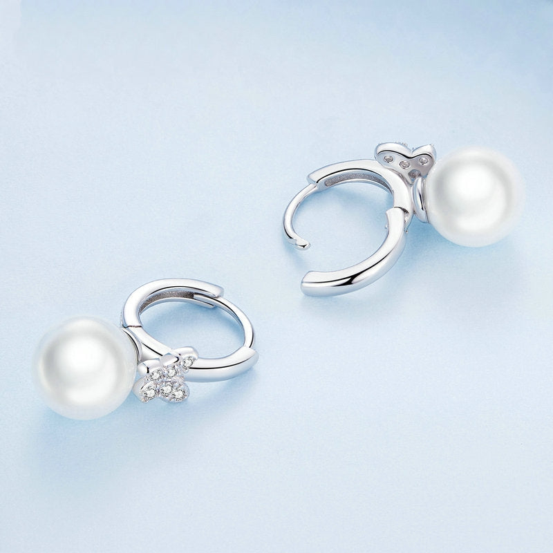 Boucles d’Oreilles Créoles Papillons et Perles en argent 925 plaqué or blanc avec zircons blancs - Photo 5