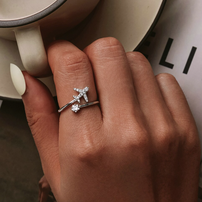 Bague Avion Brillant en argent 925 plaqué or blanc ajustable avec zircons blancs - Photo 2