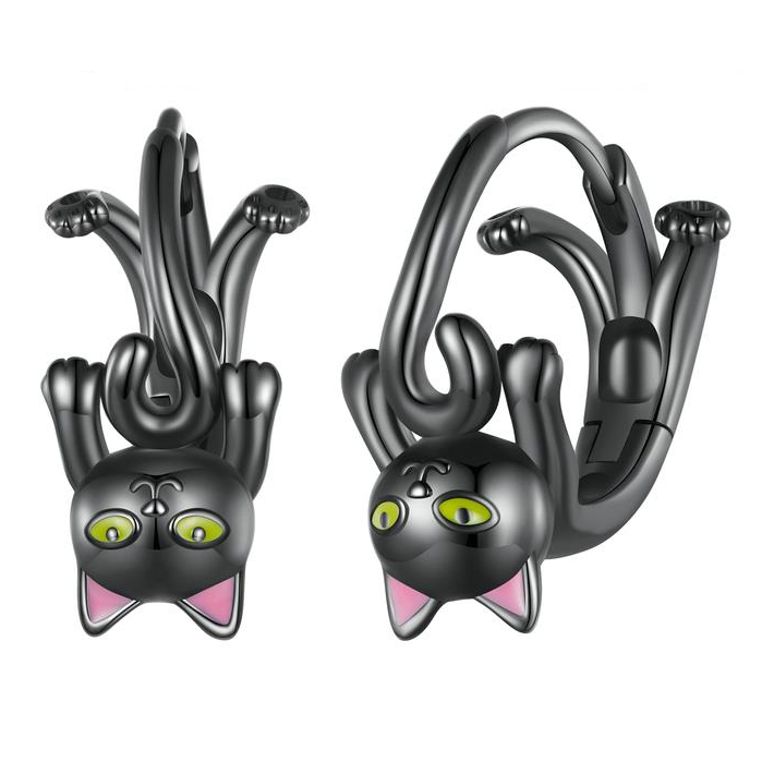 Boucles d’Oreilles Créoles Chat Noir Argent Sterling 925 plaqué noir avec détails émaillés