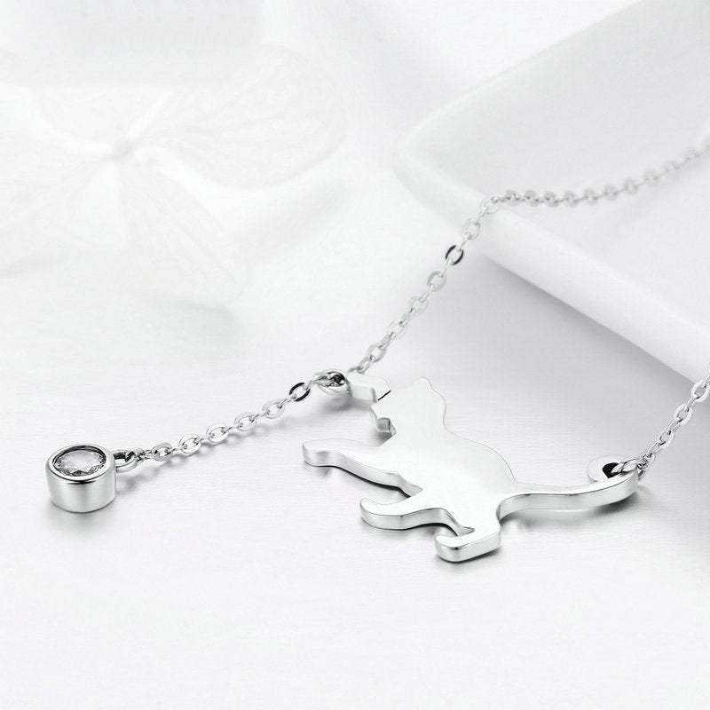 Collier Chat Jouant en argent 925 plaqué or blanc avec pendentif lumineux et zircon blanc - Photo 3