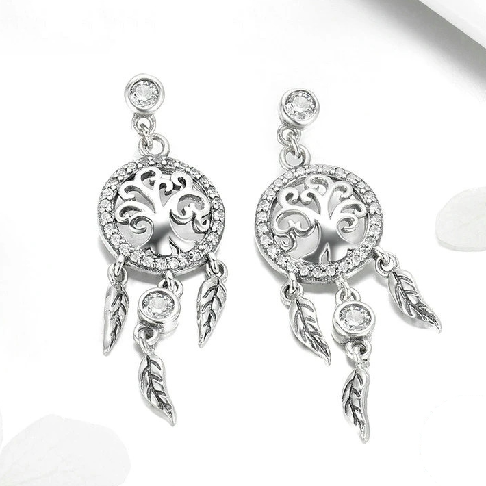 Boucles d’Oreilles Attrape-Rêves avec Arbre de Vie Puces en Argent Sterling 925 plaqué or blanc avec zircons blancs - Photo 3