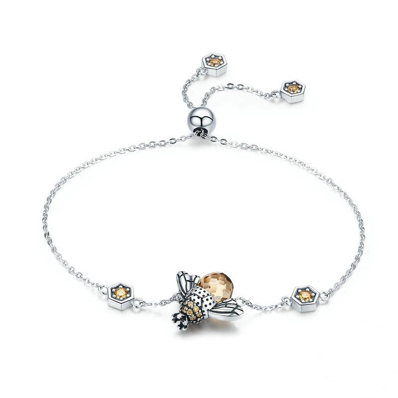 Bracelet Reine des Abeilles en argent 925 plaqué or blanc ajustable avec zircons couleur champagne