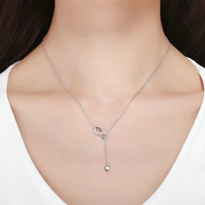 Collier Infini avec Coeur en argent 925 plaqué or blanc ajustable avec zircons blancs - Photo 2