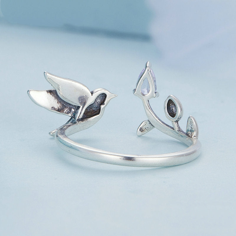Bague Petit Oiseau en argent 925 plaqué or blanc ajustable émaillé à la main - Photo 5