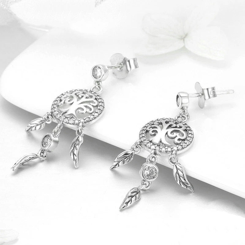 Boucles d’Oreilles Attrape-Rêves avec Arbre de Vie Puces en Argent Sterling 925 plaqué or blanc avec zircons blancs - Photo 4