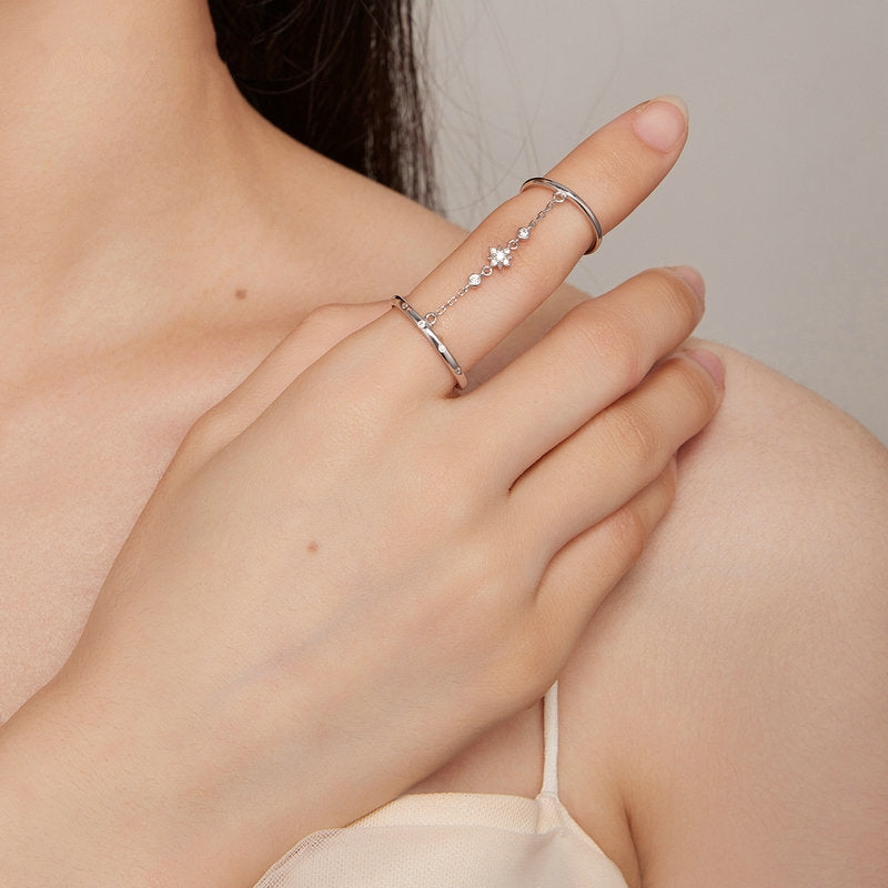Bague Bouble avec Chaîne en argent 925 plaqué or blanc ajustable avec zircons blancs - Photo 2
