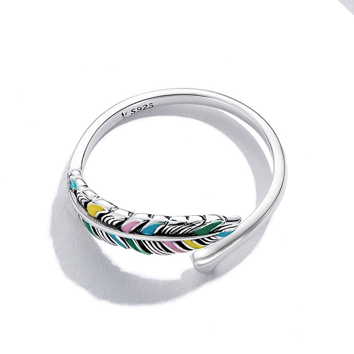 Bague Plume en argent 925 plaqué or blanc ajustable émaillé à la main - Photo 4