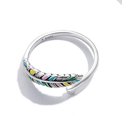 Bague Plume en argent 925 plaqué or blanc ajustable émaillé à la main - Photo 4