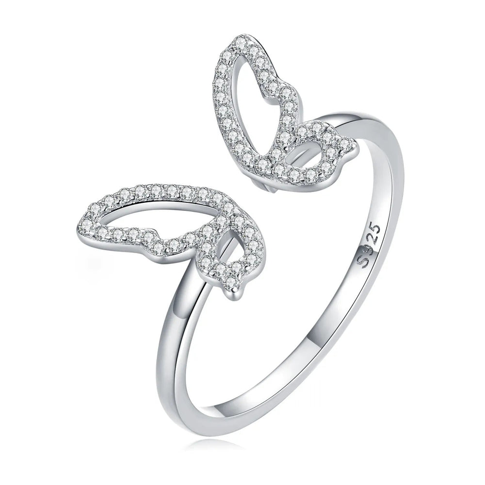 Bague Papillon en argent 925 plaqué or blanc ajustable émaillé à la main