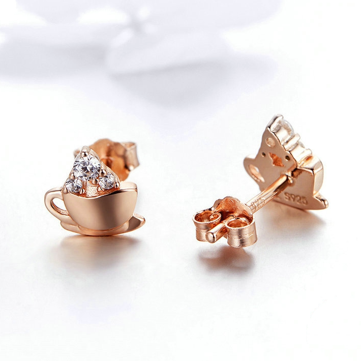 Boucles d’Oreilles Tasse de Café Puces en Argent Sterling 925 plaqué or rose avec zircons blancs - Photo 4