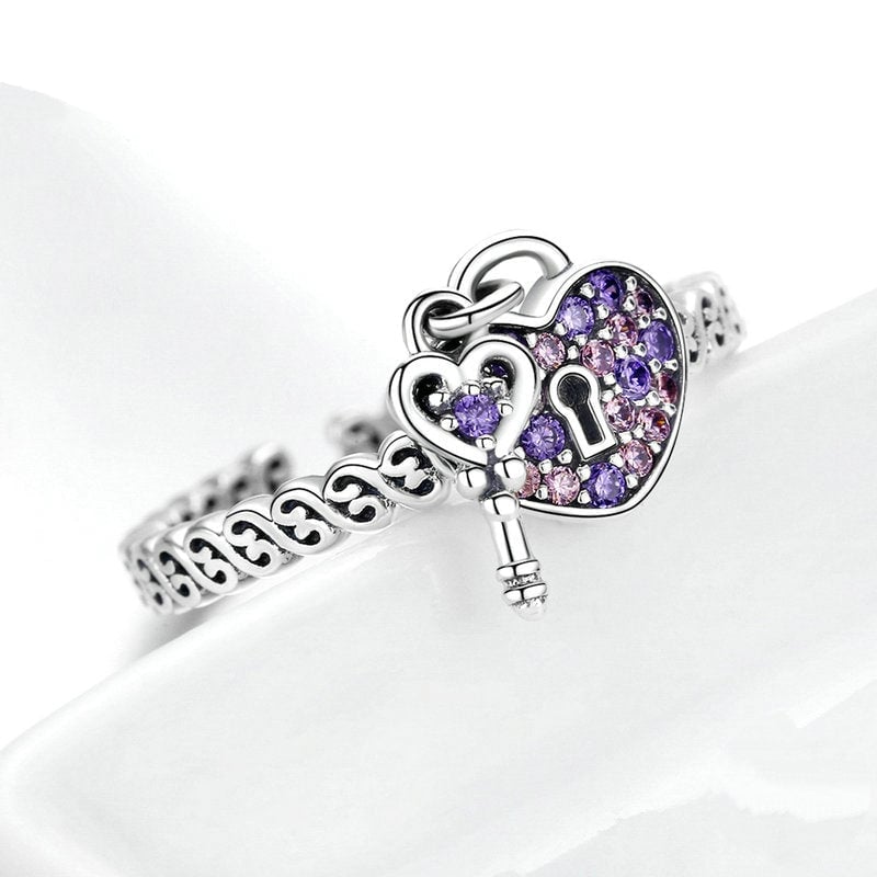 Bague Cadenas Coeur en argent 925 plaqué or blanc ajustable avec zircons violets - Photo 3