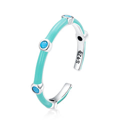 Bague Turquoise en argent 925 plaqué or blanc ajustable émaillée à la main avec des zircons bleus