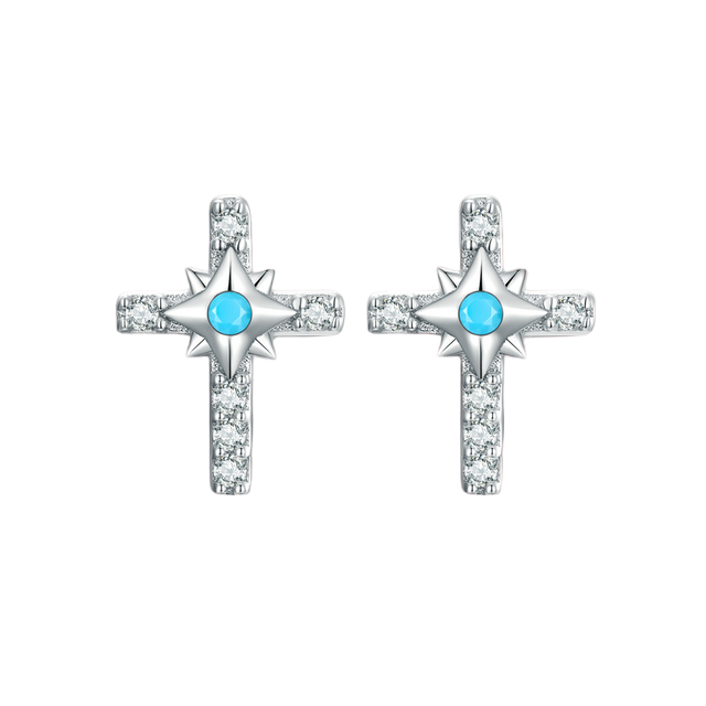 Boucles d’Oreilles Croix Brillantes Puces en Argent Sterling 925 plaqué or blanc avec pavé de zircons