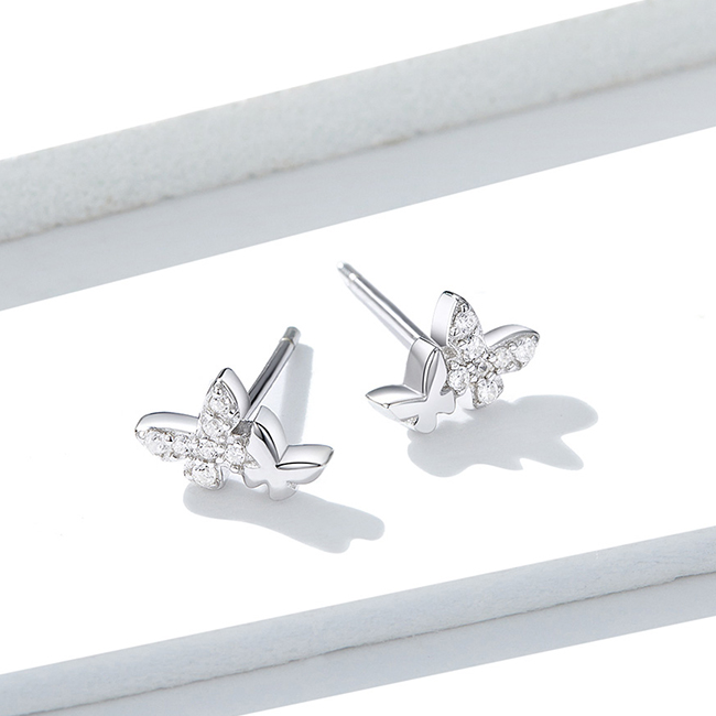 Boucles d’Oreilles Papillons Brillants Puces en Argent Sterling 925 plaqué or blanc avec des zircons blancs - Photo 3