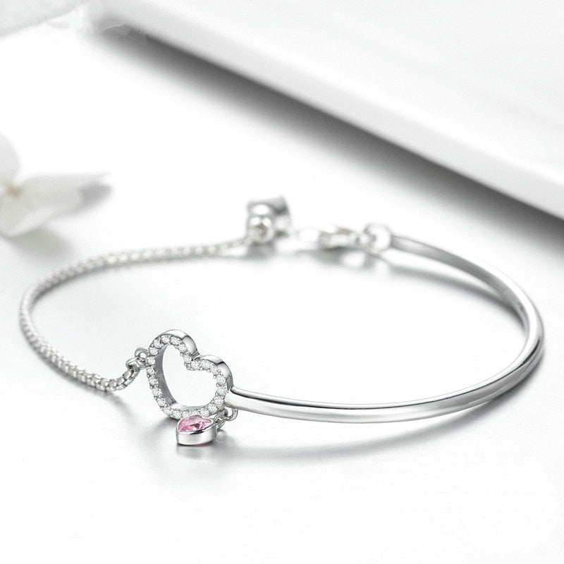 Bracelet Coeur Lumineux jonc en argent 925 plaqué or blanc ajustable avec zircons blancs et rose - Photo 4